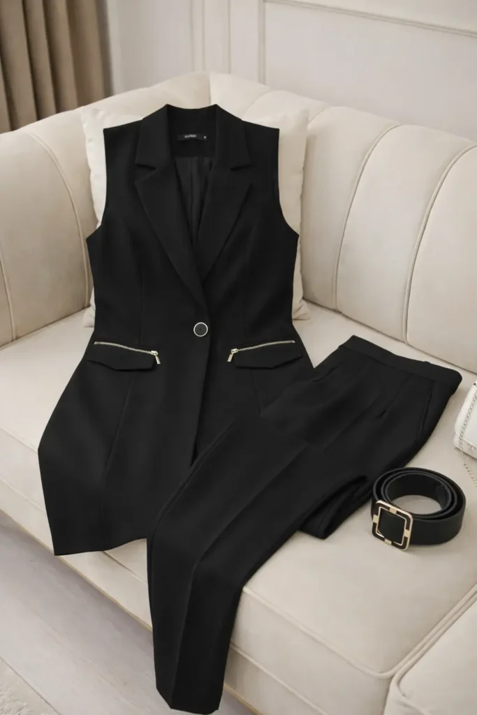 Fermuar Detaylı Yelek, Pantolon ve Kemerden Oluşan Üçlü Yelekli Takım – 1817