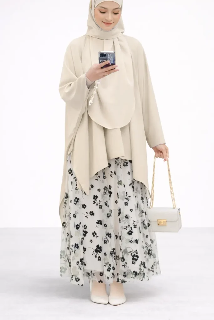 Gül Desenli Etek, Tunik ve Şal Üçlü Tesettür Takım – 1820