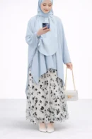 Gül Desenli Etek, Tunik ve Şal Üçlü Tesettür Takım – 1820 - Mavi, 1 (38, 40, 42)