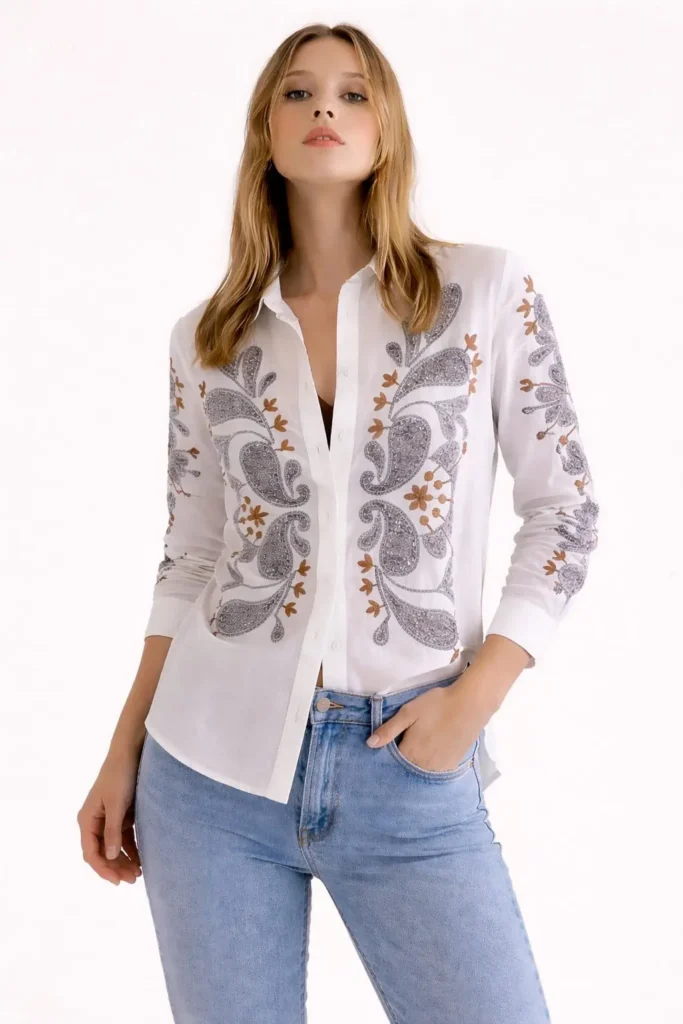 Lale Motifli İşlemeli Gömlek - 1742