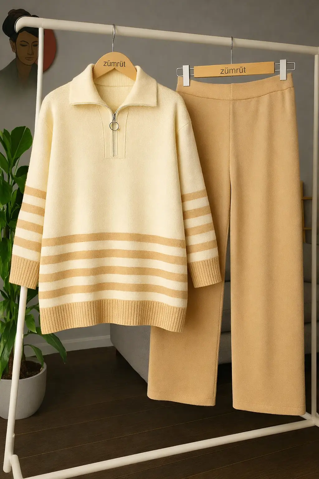 Minimal Çizgili Fermuar Yaka  İkili Triko Takım – 1601