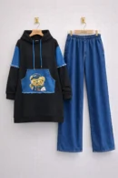 Baskı Detaylı Kapüşonlu Uzun Tunik & Wide Leg Jean Takım – 1767 ( kua )