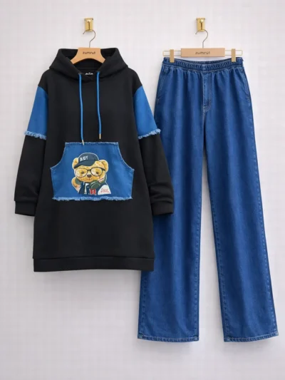 Baskı Detaylı Kapüşonlu Uzun Tunik & Wide Leg Jean Takım – 1767 ( kua )