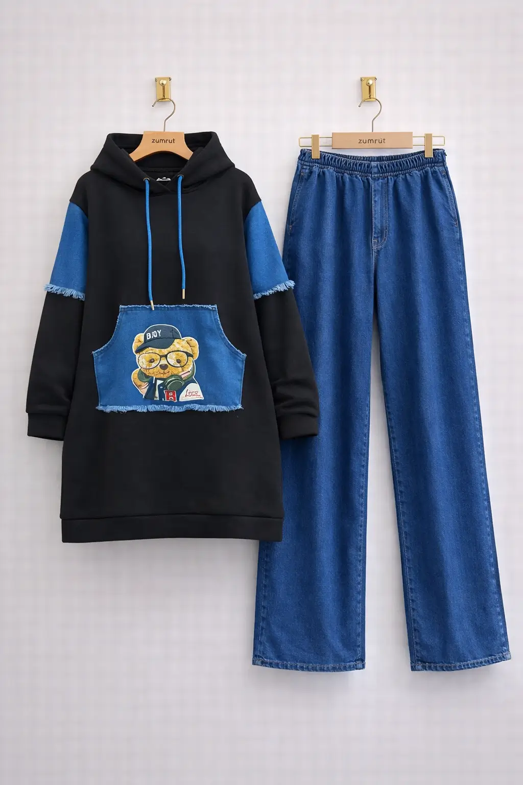 Baskı Detaylı Kapüşonlu Uzun Tunik & Wide Leg Jean Takım – 1767 ( kua )