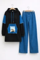 Baskı Detaylı Kapüşonlu Uzun Tunik & Wide Leg Jean Takım – 1769 ( cam )