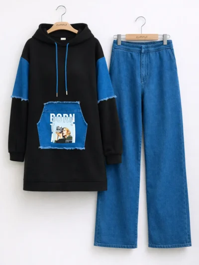 Baskı Detaylı Kapüşonlu Uzun Tunik & Wide Leg Jean Takım – 1769 ( cam )