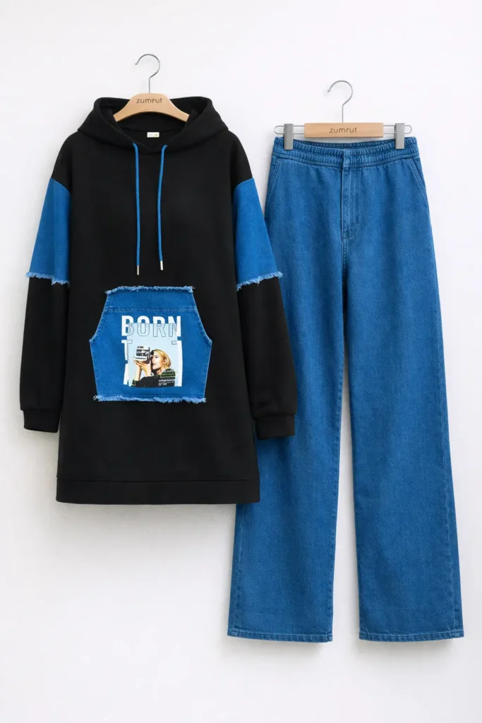 Baskı Detaylı Kapüşonlu Uzun Tunik & Wide Leg Jean Takım – 1769 ( cam )