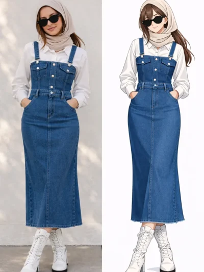 Askılı Kot Büstiyer, Gömlek & Kot Etek Üçlü Takım | 1792