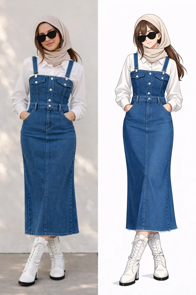 Askılı Kot Büstiyer, Gömlek & Kot Etek Üçlü Takım | 1792