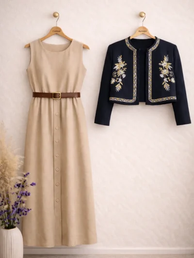 Gül İşlemeli Ceket & Elbise İkili Takım | 1824