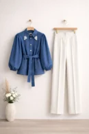 Taş Detaylı Denim Gömlek Pantolon İkili Takım 1794