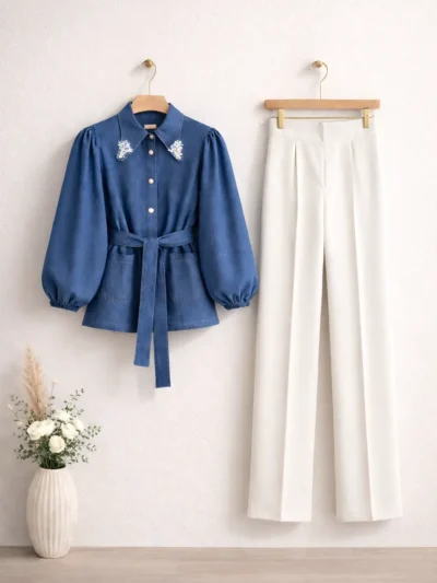 Taş Detaylı Denim Gömlek Pantolon İkili Takım 1794