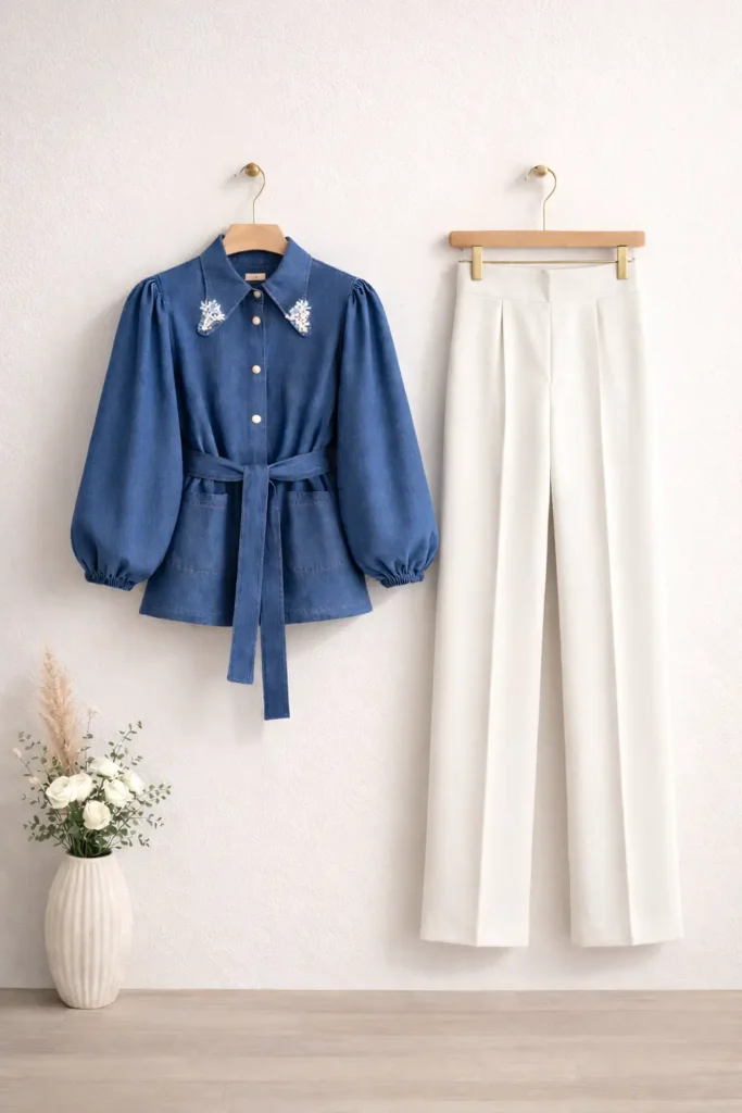 Taş Detaylı Denim Gömlek Pantolon İkili Takım 1794