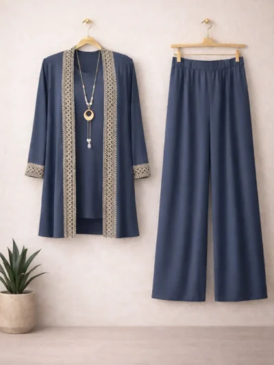 Zarif İşleme Detaylı Ceket, İçlik ve Pantolondan Oluşan Üçlü Konforlu Yazlık Takım – 1837