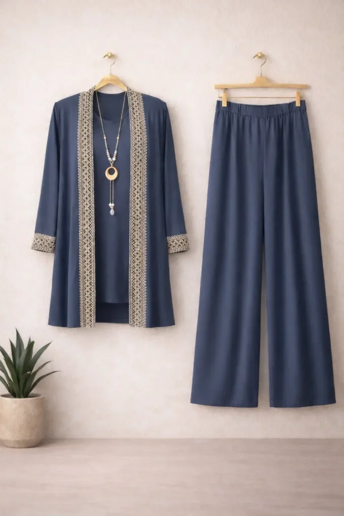 Zarif İşleme Detaylı Ceket, İçlik ve Pantolondan Oluşan Üçlü Konforlu Yazlık Takım – 1837