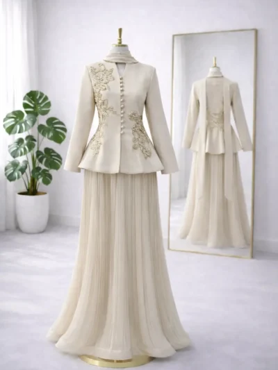 Gül İşlemeli Ceket, Piliseli Etek ve Şallı Şık Üçlü Abiye Takım - 1840