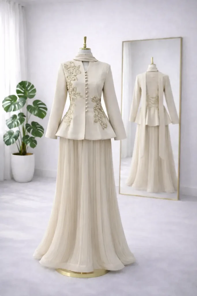 Gül İşlemeli Ceket, Piliseli Etek ve Şallı Şık Üçlü Abiye Takım - 1840