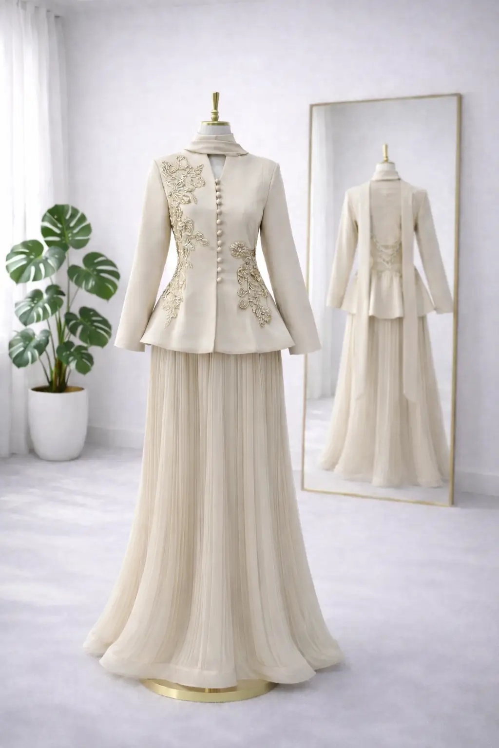 Gül İşlemeli Ceket, Piliseli Etek ve Şallı Şık Üçlü Abiye Takım - 1840