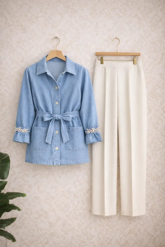 Taş Detaylı Denim Gömlek Pantolon İkili Takım 1796