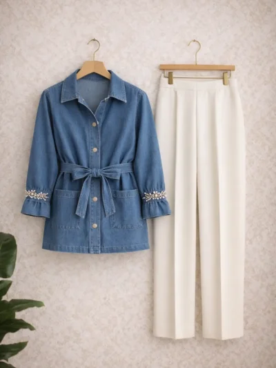 Taş Detaylı Denim Gömlek Pantolon İkili Takım 1796