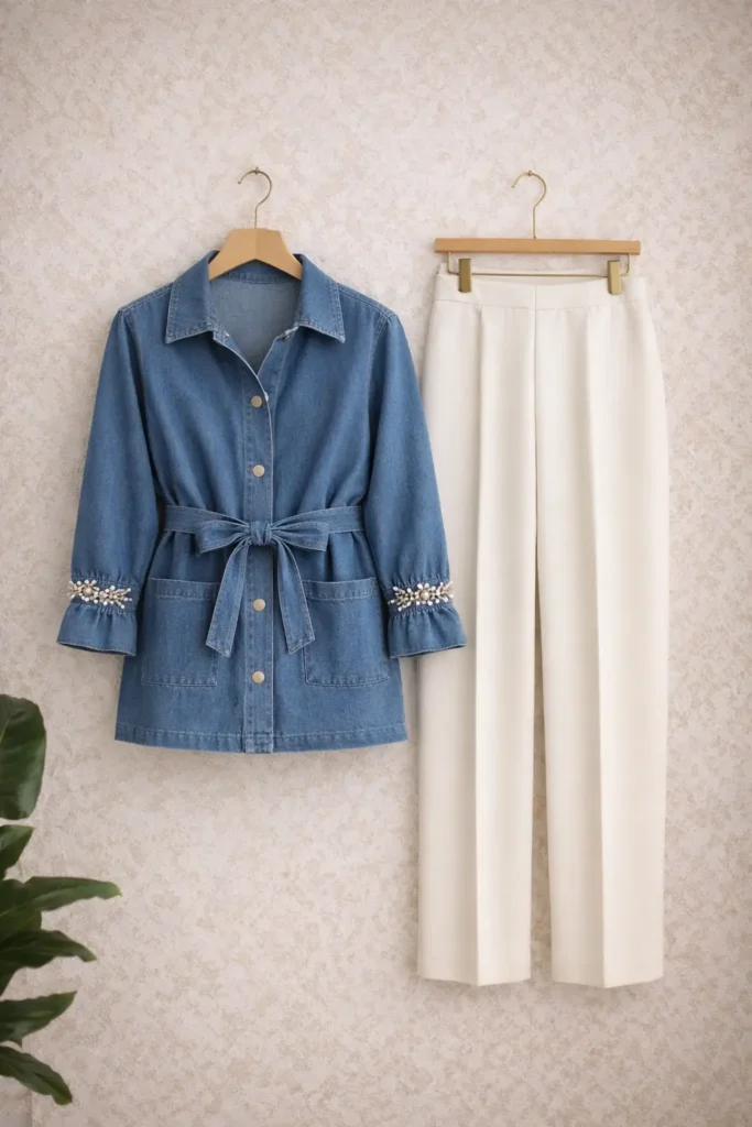 Taş Detaylı Denim Gömlek Pantolon İkili Takım 1796