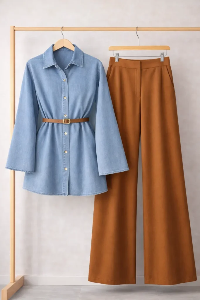 Kemer Detaylı Denim Gömlek Pantolon İkili Takım 1797