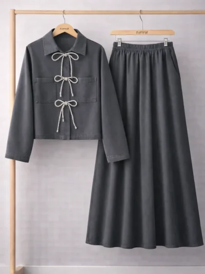 Bağlama Detaylı Denim Ceket Etek İkili Takım 1801