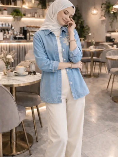 Çiçek İşleme Detaylı Denim Gömlek Pantolon İkili Takım 1802