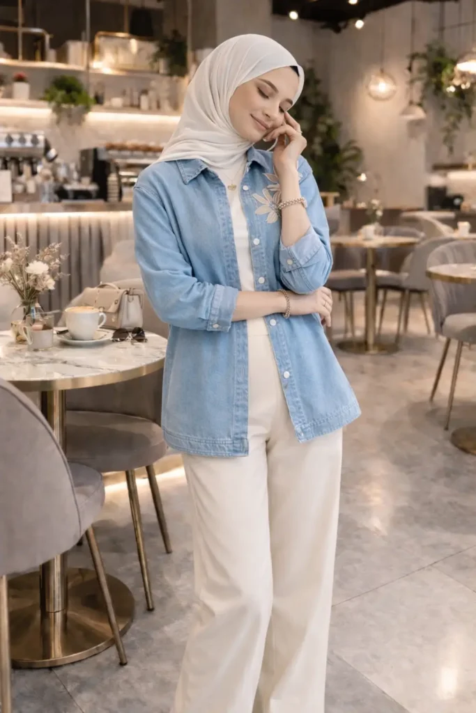 Çiçek İşleme Detaylı Denim Gömlek Pantolon İkili Takım 1802