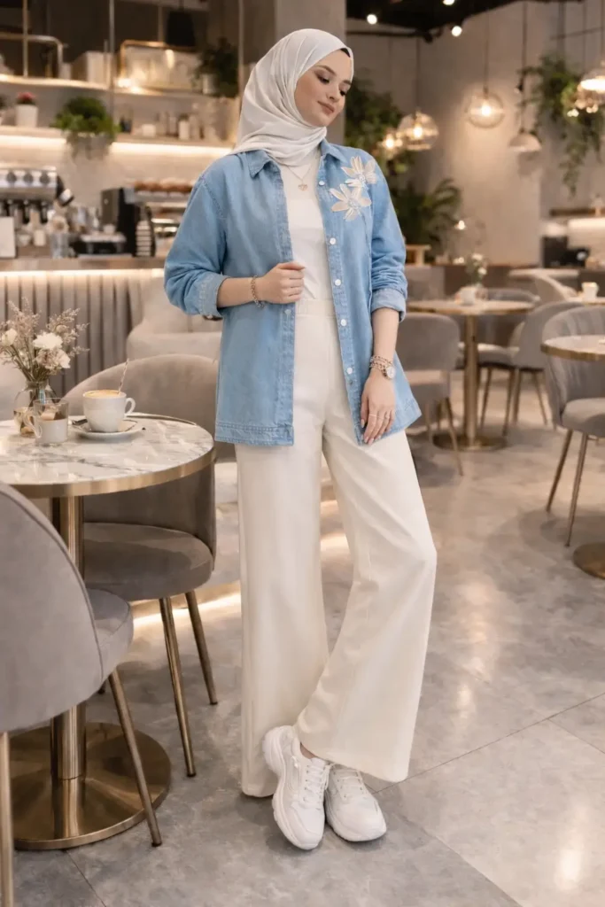 Çiçek İşleme Detaylı Denim Gömlek Pantolon İkili Takım 1802