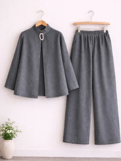 Aksesuar Detaylı Denim Panço Pantolon İkili Takım 1803