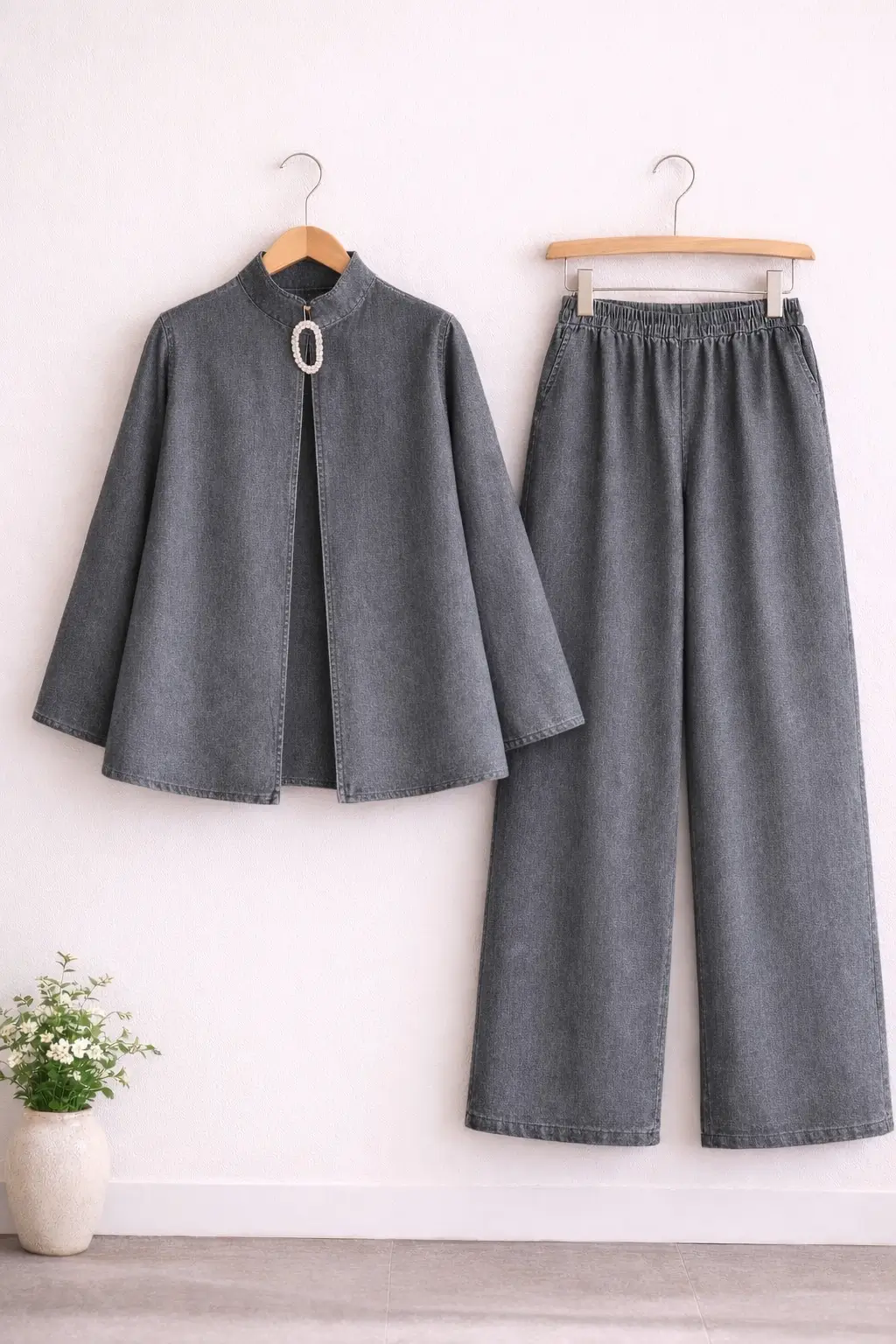 Aksesuar Detaylı Denim Panço Pantolon İkili Takım 1803