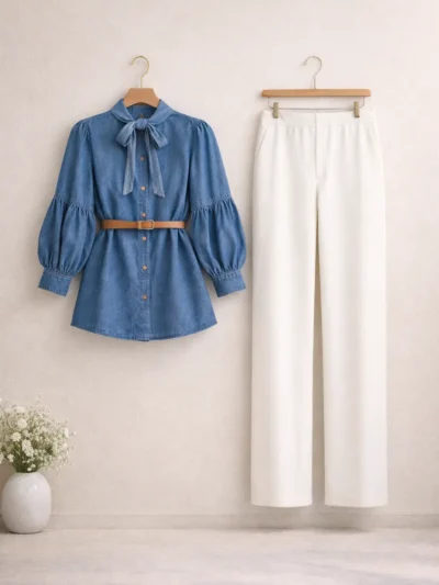 Bağlama Yaka Denim Gömlek Pantolon İkili Takım 1805
