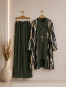 Soyut Mermer Desenli Gömlek, Tunik ve Pantolon – Üçlü Takım ve Kolye | Model 1852