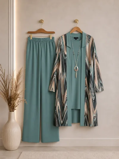 Soyut Mermer Desenli Gömlek, Tunik ve Pantolon – Üçlü Takım ve Kolye | Model 1852