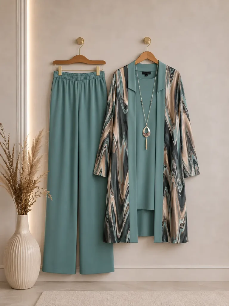 Soyut Mermer Desenli Gömlek, Tunik ve Pantolon – Üçlü Takım ve Kolye | Model 1852