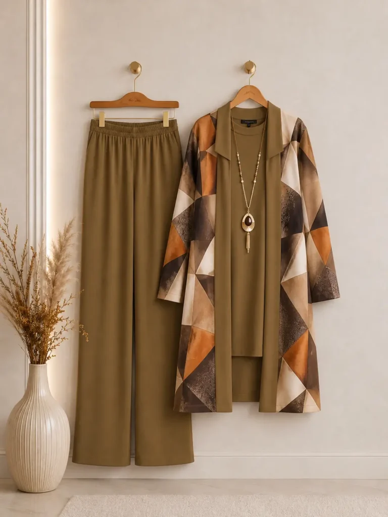 Soyut Geometrik Desenli Gömlek, Tunik ve Pantolon – Üçlü Takım ve Kolye | Model 1853