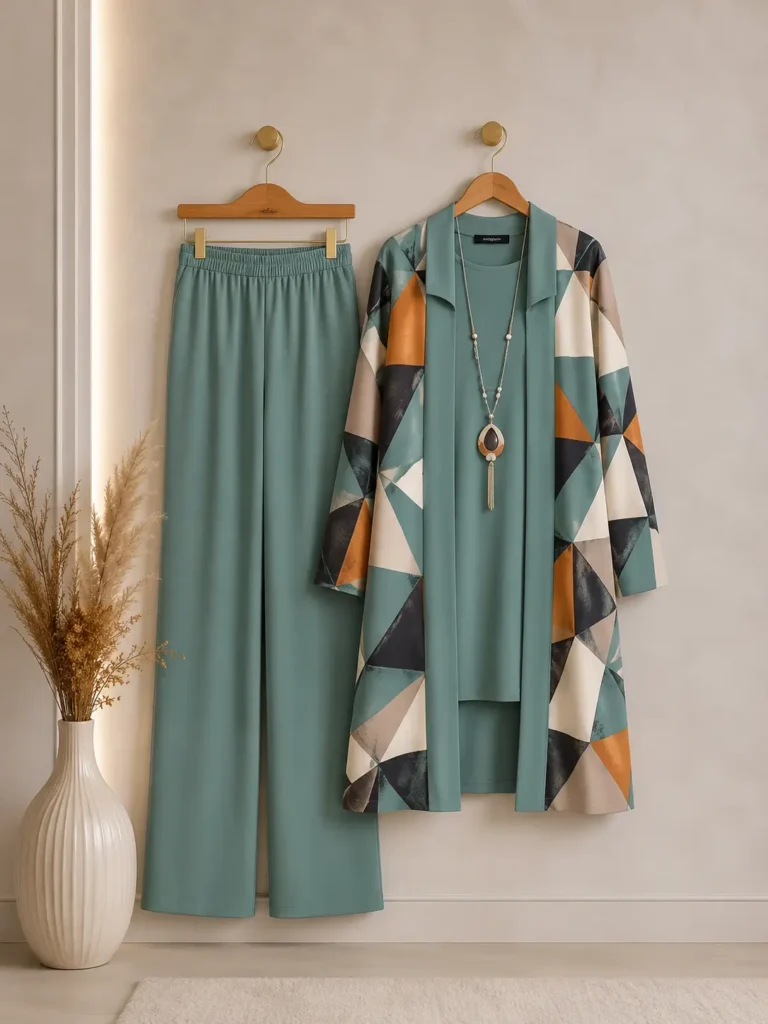 Soyut Geometrik Desenli Gömlek, Tunik ve Pantolon – Üçlü Takım ve Kolye | Model 1853