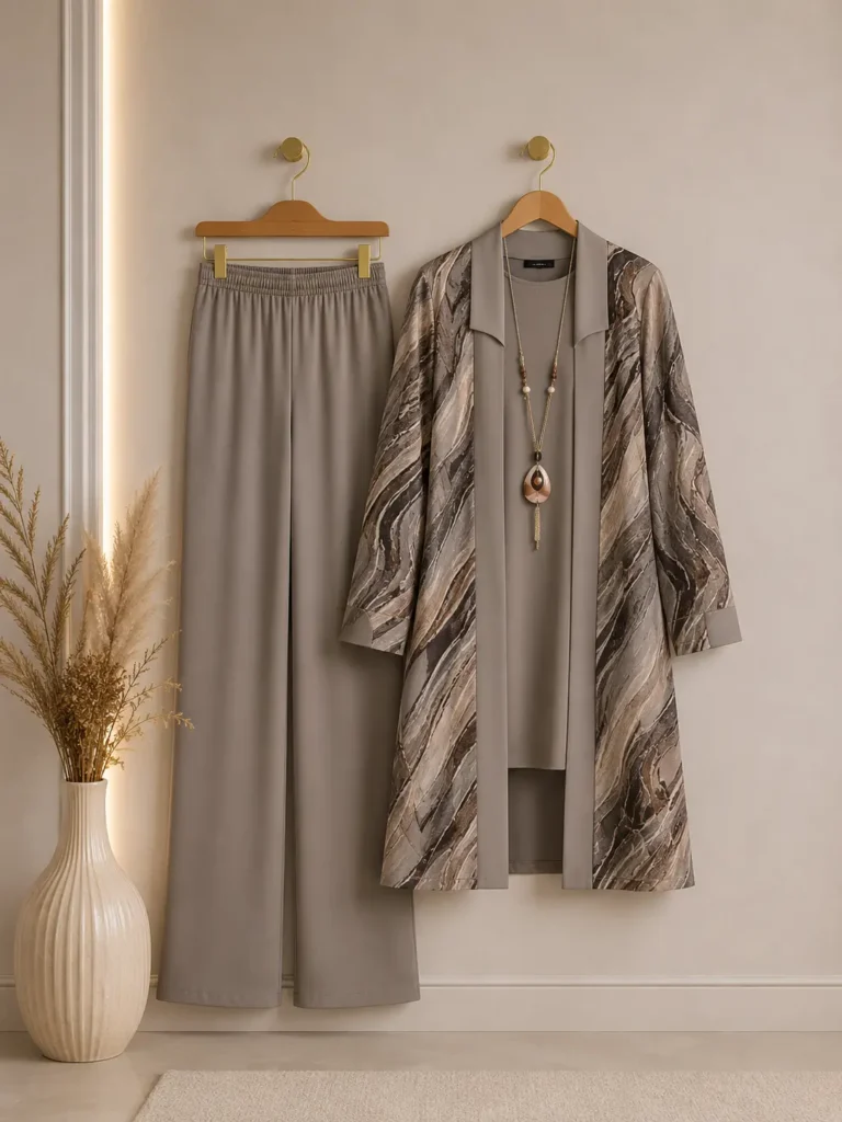 Soyut Yaprak Desenli Gömlek, Tunik ve Pantolon – Üçlü Takım ve Kolye | Model 1854