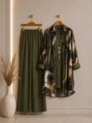 Geometrik Desenli Gömlek, Tunik ve Pantolon – Üçlü Takım ve Kolye | Model 1856