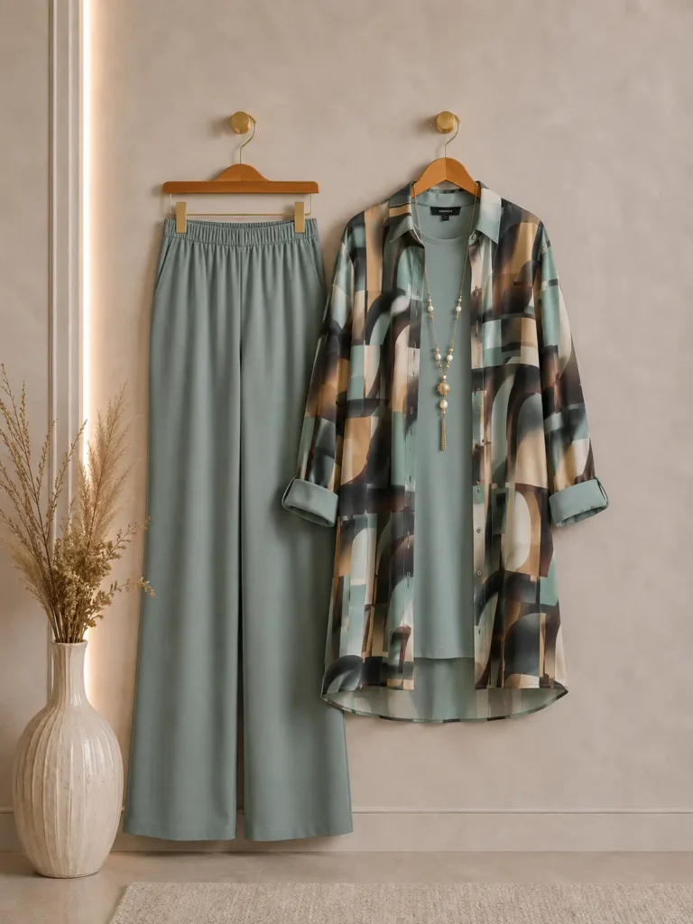Geometrik Desenli Gömlek, Tunik ve Pantolon – Üçlü Takım ve Kolye | Model 1856