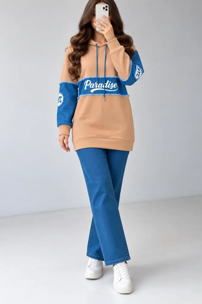 Kapüşonlu 3 İplik Hoodie ve Likralı Kot Pantolon İkili Takım 1768