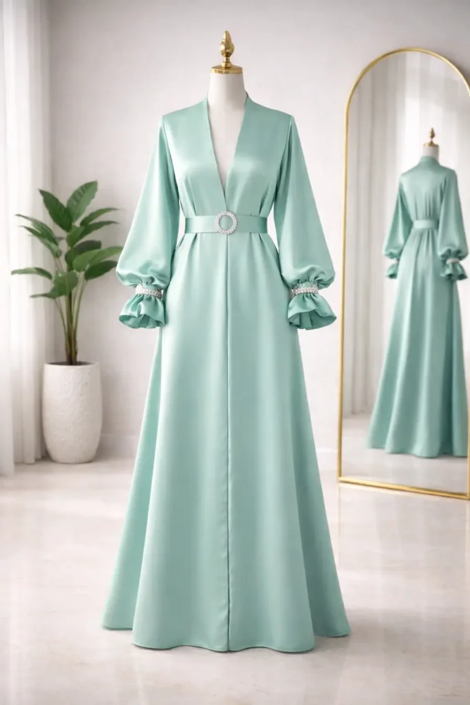 Kol Taş Detaylı Saten Abaya ve Kemer – 1750